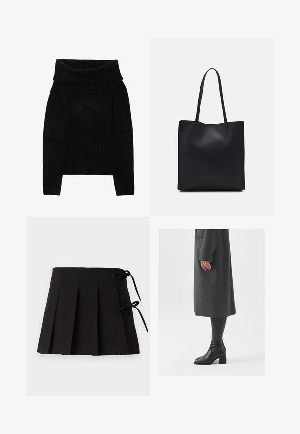 Svart strikket genser med bred, brettet utringning, ribbestruktur og lange ermer med en kort silhuett.; Svart plisserte skjørt med sidesnøring, laget av stoff med en glatt tekstur; har en strukturell design og rene linjer.; Grå, skreddersydd frakk med rett snitt; kombinert med knehøye svarte lærstøvler med firkantet tå og kraftig hæl.; Svart lær tote bag med glatt tekstur, rektangulær form og to lange håndtak. Ingen synlige deler eller dekorasjoner.