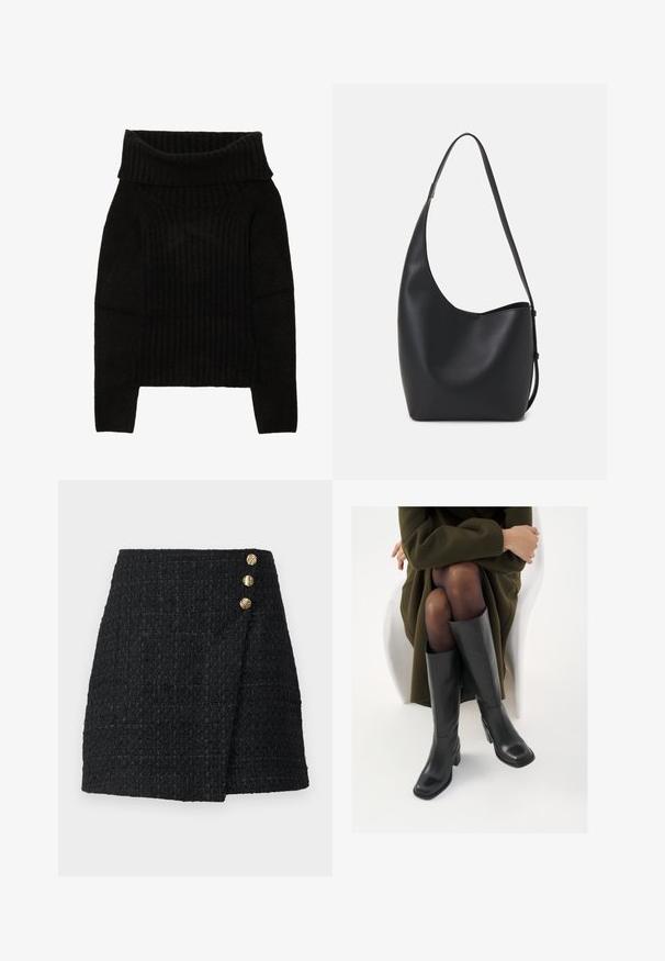 Svart strikket genser med bred, brettet utringning, ribbestruktur og lange ermer med en kort silhuett.; Svart tweed mini-skjørt med en teksturert vev, med et omslagdesign og tre gullfargede knapper foran for lukking.; Knæhøye sorte lærstøvler med firkantet tå og blokkhelt, vist med en modell som sitter iført en olivengrønn kåpe. Glatt tekstur, minimal detaljering.; Svart lær hobo-veske med glatt tekstur, buet form og enkelt justerbart stropp; har en bred åpning på toppen.