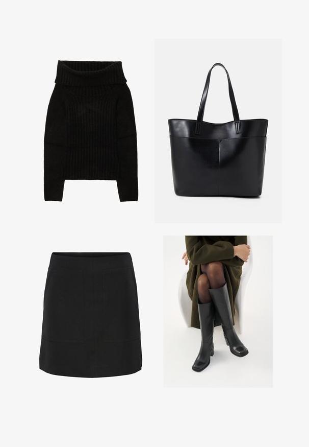 Črna pletena jopica z širokim, zavitim ovratnikom, rebrasto teksturo in dolgimi rokavi s skrajšano silhueto.; Črna krila s ravnim krojem, ki ima dve sprednji žepe in čist zaključek. Narejeno iz gladkega materiala z minimalnimi detajli.; Črne usnjene čevlje do kolen s kvadratnim prstom in blok peto, prikazani na modelu, ki sedi v olivno zeleni plašču. Gladka tekstura, minimalne podrobnosti.; Črna usnjena torba z dvema dolgima ročajema, gladko teksturo in strukturirano obliko. Ima sprednji žep za dodatno shranjevanje.