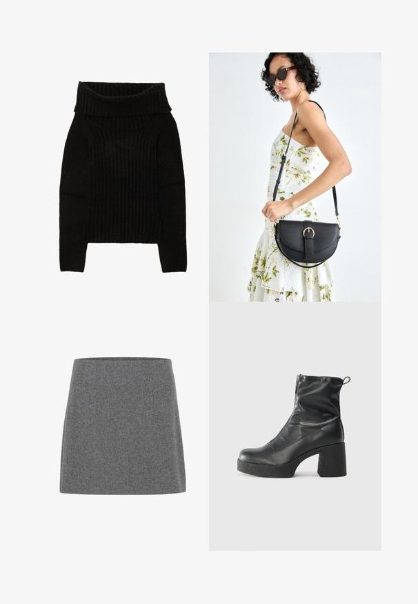 Suéter negro de punto con un amplio escote doblado, textura acanalada y mangas largas con un corte cropped.; Una mini falda de fieltro gris con corte recto y textura lisa, que presenta una cintura ancha y sin costuras visibles ni adornos.; Botines negros de tobillo, hechos de cuero suave, con cierre lateral, tacón grueso texturizado y diseño de punta redondeada.; Bolso de piel negra con forma curva, correa desmontable y herrajes dorados. El bolso cuenta con una solapa con un detalle de hebilla.