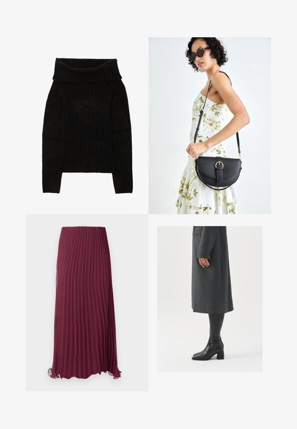 Črna pletena jopica z širokim, zavitim ovratnikom, rebrasto teksturo in dolgimi rokavi s skrajšano silhueto.; Duga bordo plisirana krila iz lahkega materiala z elastičnim pasom in rahlo nabranim robom. Teksturne vertikalne plisure po celotni dolžini.; Siv prešita zimska plašča ravnega kroja; obuta z visokimi črnimi usnjenimi škornji, ki imajo kvadratni nos in debel pet.; Črna usnjena torbica s ukrivljeno obliko, z odstranljivo naramnico in zlatimi dodatki. Torbica ima pokrov s podrobnostmi v obliki zaponke.