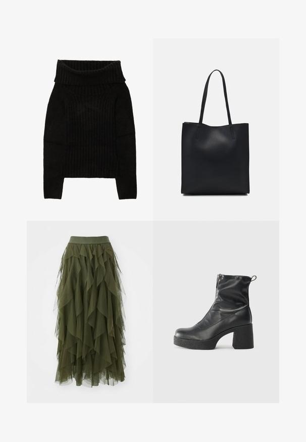 Pull en maille noire avec un col large et replié, une texture côtelée et des manches longues avec une silhouette cropped.; ONLY ONLSKY SKIRT - Jupe trapèze - winter moss; Bottes noires à la cheville en cuir lisse, dotées d'une fermeture éclair sur le côté, d'un talon épais texturé et d'une conception à bout rond.; Sac fourre-tout en cuir noir avec une texture lisse, de forme rectangulaire et deux longues poignées. Pas de matériel ou d'ornementations visibles.