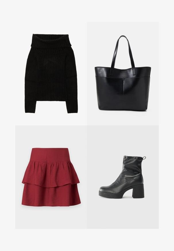 Pulover negru tricotat, cu un guler larg și pliat, textură cu nervuri și mâneci lungi, având un croi scurt.; Fustă în straturi de un burgund profund, cu un talie lată, volane structurate pe straturi și un material moale, texturat.; Bocanci negri de glezna din piele netedă, cu fermoar lateral, toc texturat și masiv, și design cu vârf rotund.; Geantă oversized din piele neagră, cu două mânere lungi, de textură netedă și formă structurată. Are un buzunar frontal pentru stocare suplimentară.