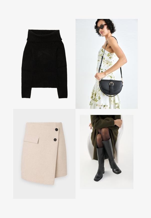 Fekete kötött pulóver széles, hajtogatott nyakkal, bordázott textúrával és hosszú ujjal, valamint cropped fazonnal.; Beige rakott szoknya texturált anyagból, oldalsó zsebbel, két fekete gombbal és enyhén ívelt szegéllyel.; Térdfelett érő fekete bőr csizmák négyzet alakú orral és tömbtalppal, olajzöld kabátban ülő modellel bemutatva. Simaság, minimalista részletezés.; Fekete bőrtáska ívelt formával, levehető pánttal és arany színű fémrészekkel. A táskán egy csattal díszített fedél található.