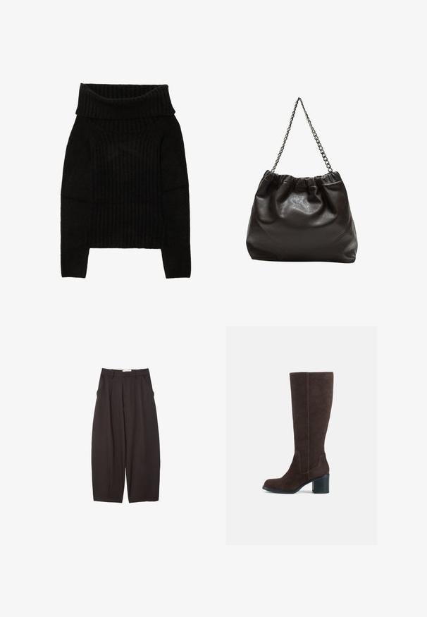 Maglione nero a maglia con un ampio collo pieghevole, texture a coste e maniche lunghe con silhouette cropped.; Pantaloni neri a gamba larga realizzati in un tessuto morbido, con vita alta, pieghe frontali e tasche laterali. Design semplice senza decorazioni.; Stivali alti al ginocchio in suede marrone con tacco a blocco e finitura liscia. Punta arrotondata e dettagli di cucitura distintivi sul gambale.; Borsa in pelle marrone con parte superiore arricciata e tracolla a catena. Texture liscia con finitura lucida e dettagli di cucitura sottili sui lati.