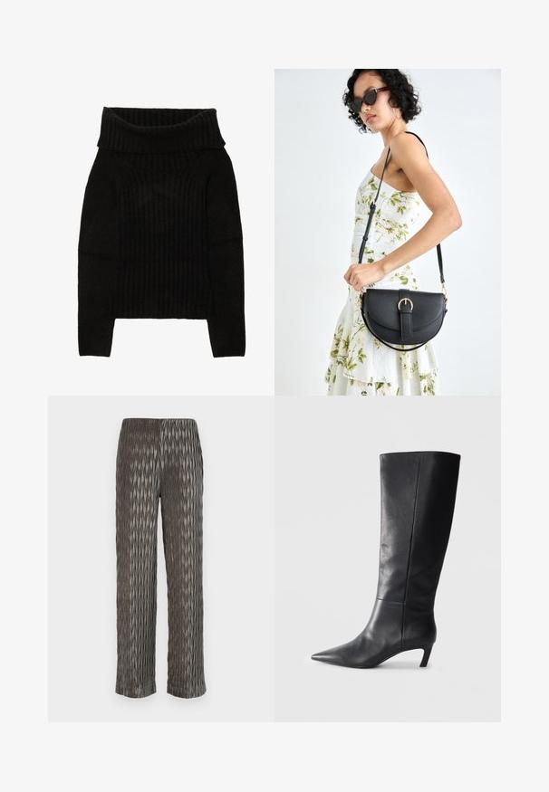 Črna pletena jopica z širokim, zavitim ovratnikom, rebrasto teksturo in dolgimi rokavi s skrajšano silhueto.; Sive široke hlače s plisirano oblikovnim vzorcem v obliki diamanta. Mehka tkanina, elastičen pas in skrajšana dolžina.; Črne usnjene čizmice do kolen z usnjenim konico, strukturirano zasnovo in zmerno peto. Gladka tekstura, minimalni šivi.; Črna usnjena torbica s ukrivljeno obliko, z odstranljivo naramnico in zlatimi dodatki. Torbica ima pokrov s podrobnostmi v obliki zaponke.