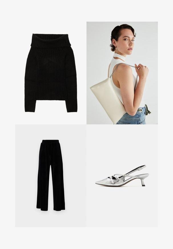 Schwarzer gestrickter Pullover mit weiter, umgeschlagener Halslinie, gerippter Textur und langen Ärmeln in verkürzter Passform.; Schwarze weit geschnittene Hose aus weichem Samt, mit einem elastischen Bund und einer glatten Textur, ohne sichtbare Details oder Muster.; Call it Spring REGINNA B.E.D FOAM - Pumps - silver; Weiße rechteckige Clutch aus glänzendem Material mit einem silbernen Kettenriemen. Das Model posiert und präsentiert die Tasche vor einem schlichten Hintergrund.
