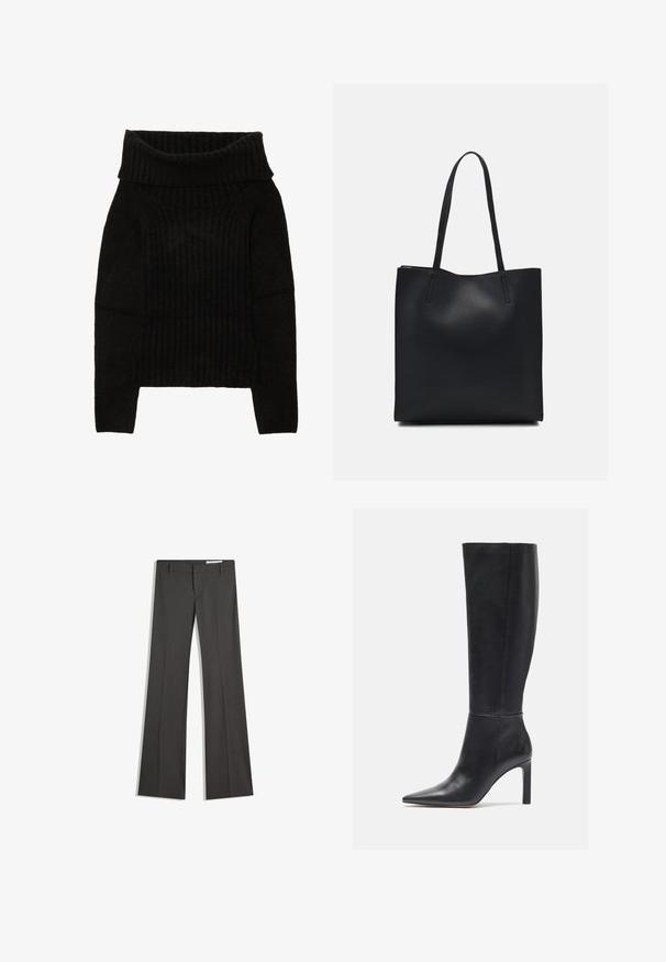 Fekete kötött pulóver széles, hajtogatott nyakkal, bordázott textúrával és hosszú ujjal, valamint cropped fazonnal.; Szürke, bővülő nadrág sima anyagból, lapos elejű, övakasztókkal, elegáns fazonban, tiszta vonalakkal.; Térdháig érő fekete bőr stiletto csizmák hegyes orral és sima felülettel, elegáns dizájnnal és minimális varrási részletekkel.; Fekete bőrtáska sima felszínnel, téglalap alakú, két hosszú füllel. Nincs látható fémkiegészítő vagy díszítés.