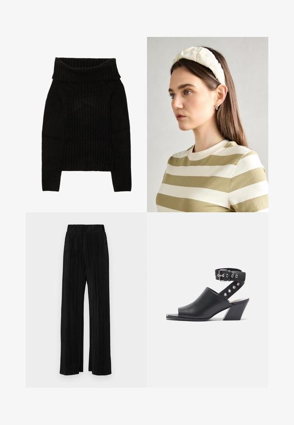Zwarte gebreide trui met een ruime, omgevouwen halslijn, geribbelde textuur en lange mouwen met een cropped silhouet.; Zwarte geplooide broek met een elastische tailleband. Beschikt over wijde pijpen en een glad, gestructureerd stof met verticale strepen.; Open-toe zwarte leren hoge sandaal met enkelstrap, met een gespsluiting en zilveren studaccenten op de strap, met een blokhak.; Crème geklede hoofdband met gedraaide ontwerp, gecombineerd met een beige en witte gestreepte shirt met een ronde hals. Subtiele sieradenaccenten.