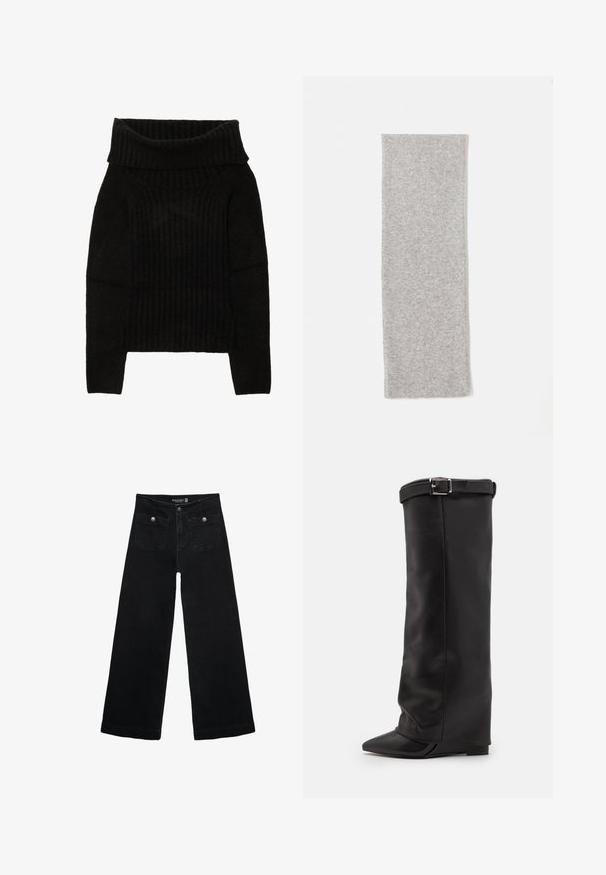 Crna pletiva majica s širokim preklopnim ovratnikom, rebrastom teksturom i dugim rukavima s skraćenim siluetom.; Crne široke traperice s visokim strukom, koje imaju dva prednja džepa i metalne gumbe kao ukrase. Tkanina ima glatku teksturu.; Steve Madden CORENNE - Čizme s visokom petom - black; Siva pletena šalica s glatkom teksturom, izduženog pravokutnog oblika i čistim rubovima, dizajnirana za toplinu i udobnost.