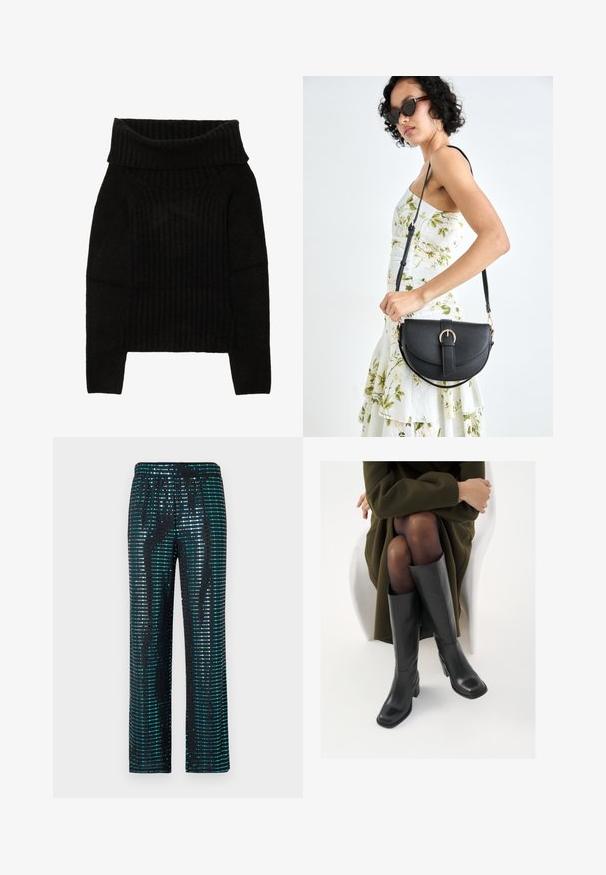 Black knitted sweater featuring a wide, folded neckline, ribbed texture, and long sleeves with a cropped silhouette.; Black pants featuring sequined patterns in turquoise and silver, with a loose fit and an elastic waistband.; Knee-high black leather boots with a squared toe and block heel, shown with a model seated in an olive green coat. Smooth texture, minimal detailing.; Black leather handbag with a curved shape, detachable strap, and gold hardware. The bag features a flap with a buckle detail.; Silver hoop earrings with a sleek, round design, featuring a smooth surface and no visible embellishments. Diameter not specified.