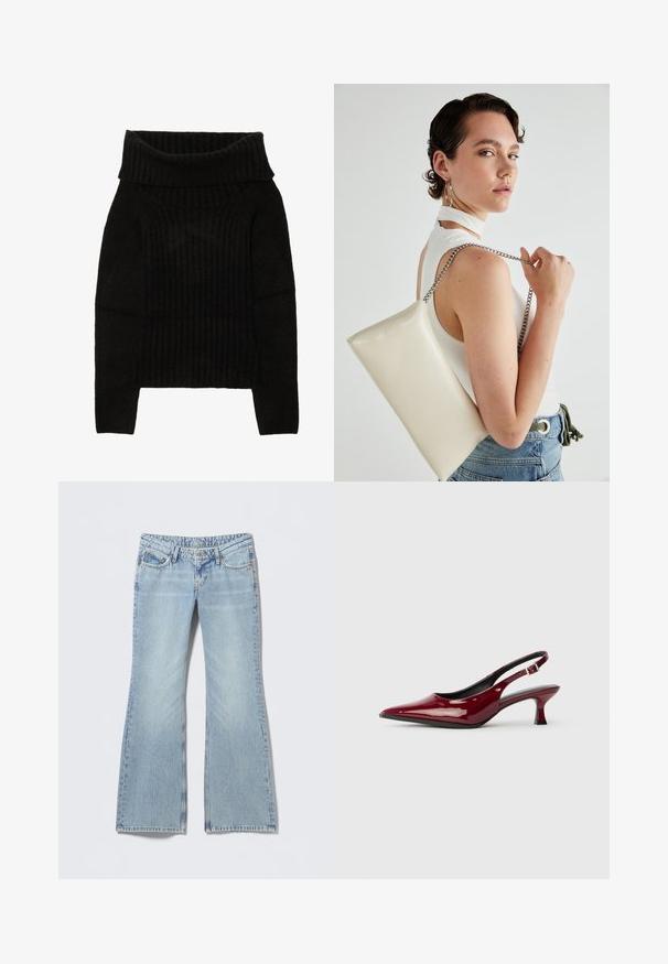 Suéter preto de malha com um decote largo e dobrado, textura canelada e mangas longas com uma silhueta cropped.; Calças jeans azul-claro estilo flare com acabamento desbotado, design de cinco bolsos e costura contrastante. Denim de algodão com textura suave.; Sapatos de salto slingback em couro patente bordô, com bico pontudo e um elegante salto stiletto. Design de costas abertas com detalhe de tira ajustável no tornozelo.; Bolsa de mão retangular branca, feita de material brilhante, com uma alça em corrente prateada. Modelo posa, exibindo a bolsa contra um fundo simples.