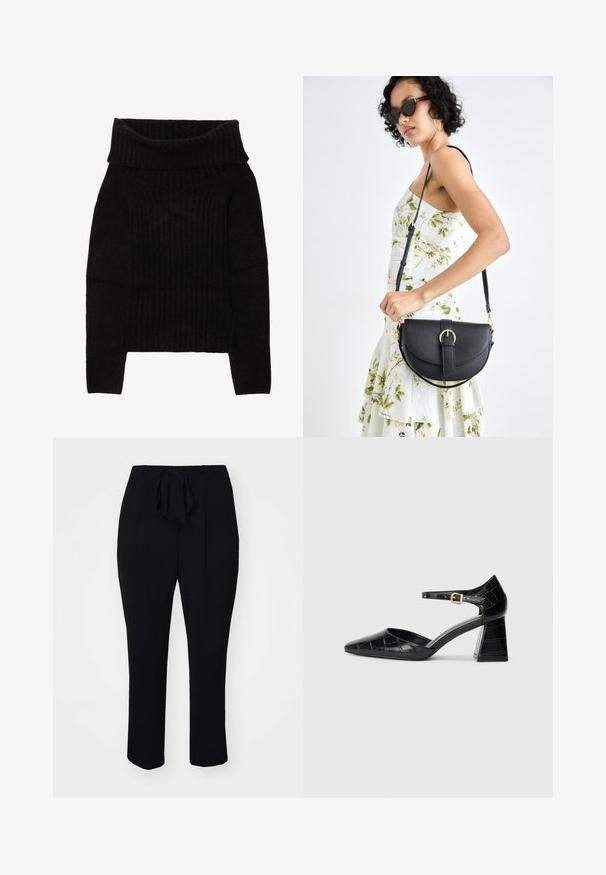 Black knitted sweater featuring a wide, folded neckline, ribbed texture, and long sleeves with a cropped silhouette.; Black trousers made of a soft fabric, featuring a matching tie belt, pleats at the front, and a straight-leg design.; Black patent leather high-heeled shoe with pointed toe, ankle strap, and textured crocodile pattern. Square block heel design.; Black leather handbag with a curved shape, detachable strap, and gold hardware. The bag features a flap with a buckle detail.; Three pairs of earrings: large white pearl studs, gold hoops with clear gemstones, and two long, straight gold accent earrings with sparkly details.