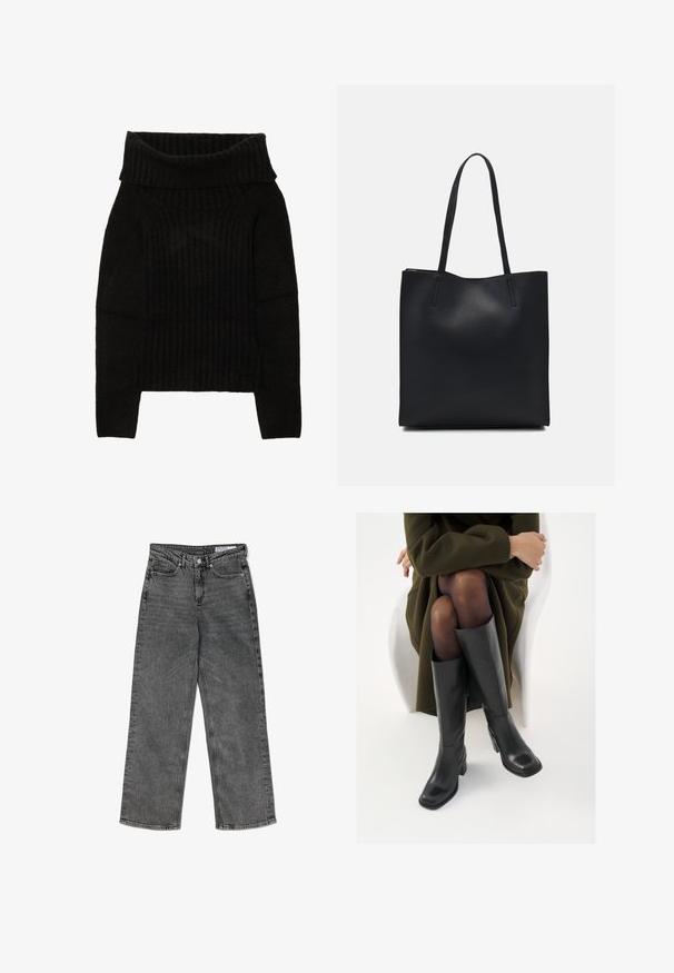 Mustardatultud must kampsun, millel on lai volditud kaelus, ribakujuline tekstuur ja pikad varrukad, millel on lühike siluett.; Kõrge vöökoht, musta värvi kulunud sirge lõikega teksad, millel on esikottide, vöökudumise, nööbikinnituse ja bränditud sisemist vöökohta märgis.; Knee-high mustad nahast saapad nelinurkse varbaga ja plokilise kontsaga, esitatud mudeli kõrval, kes istub oliivirohelises mantlis. Sujuv tekstuur, minimaalne detailide arv.; Mustast nahast kott sujuva tekstuuriga, ristkülikukujuline ja kahe pika sangaga. Pole nähtavat riistvara ega kaunistusi.