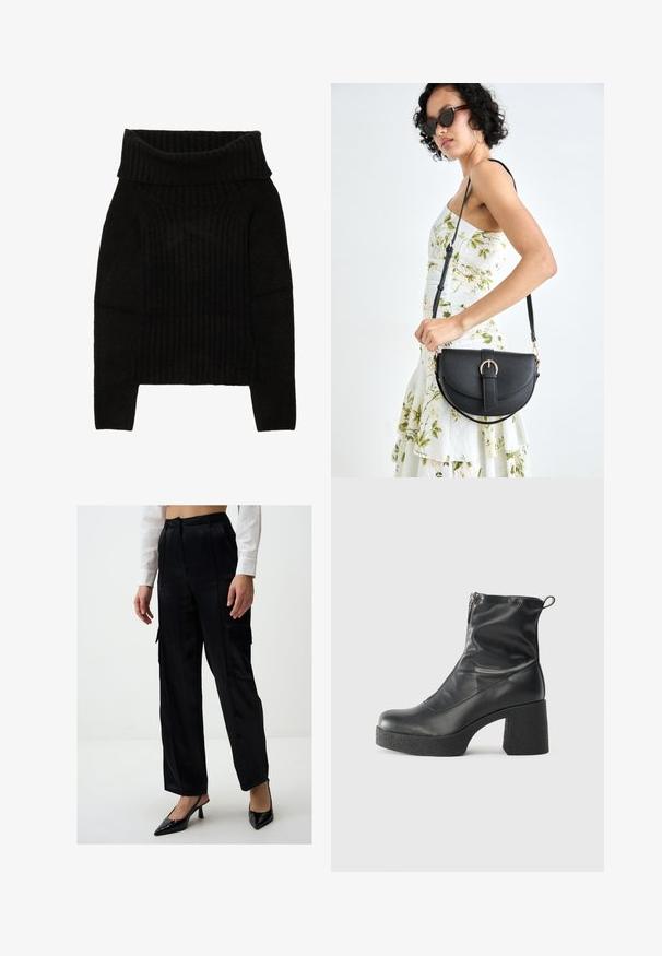 Pull en maille noire avec un col large et replié, une texture côtelée et des manches longues avec une silhouette cropped.; Pantalons cargo noirs en satin avec une coupe ample, dotés de poches latérales et d'une texture lisse. Associés à des escarpins noirs à bout pointu avec une bride arrière.; Bottes noires à la cheville en cuir lisse, dotées d'une fermeture éclair sur le côté, d'un talon épais texturé et d'une conception à bout rond.; Sac à main en cuir noir avec une forme courbée, bandoulière amovible et des accessoires en or. Le sac est doté d'un rabat avec un détail de boucle.