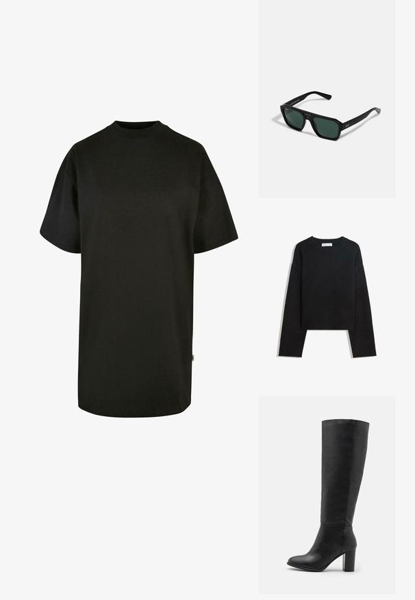 Musta pitkähihainen neulepaita pyöreällä kaula-aukolla, ribbireunuksilla hihoissa ja helmassa sekä lyhyellä mitalla.; Mustat puuvillapaidat, joissa on pyöreä kaula-aukko ja lyhyet hihat. Rentomallinen, yksinkertainen muotoilu ilman näkyviä kuvioita tai yksityiskohtia.; Mustat polvipituiset saappaat, jotka on valmistettu sileästä nahasta, ja joissa on paksu korko ja pyöreä kärki. Minimalistinen muotoilu ilman näkyvää varustusta tai koristeita.; Mustat suorakulmaiset aurinkolasit vihreillä linsseillä. Valmistettu muovista, jossa on oktaidinen muoto ja sileä pinta. Sivussa Ray-Ban -brändäys.
