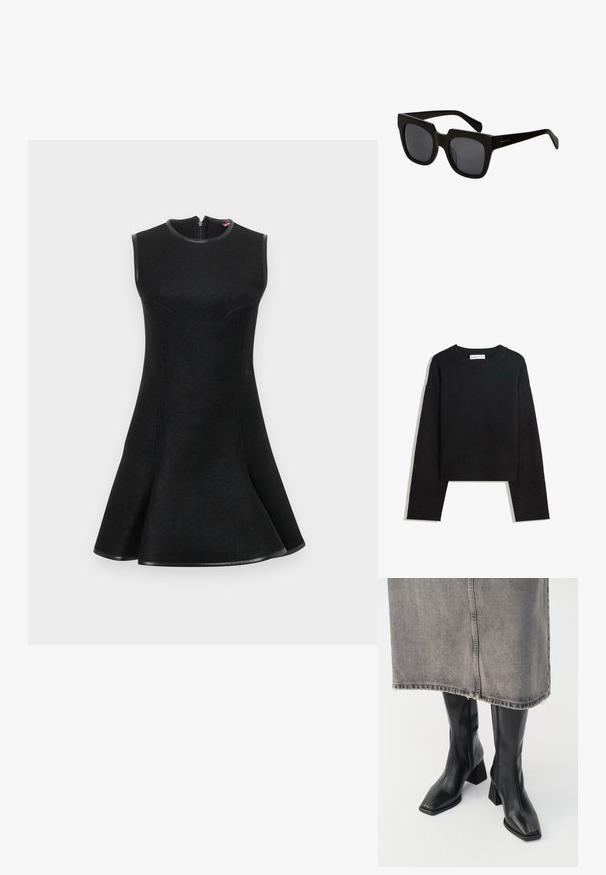Musta pitkähihainen neulepaita pyöreällä kaula-aukolla, ribbireunuksilla hihoissa ja helmassa sekä lyhyellä mitalla.; Musta hihaton mekko, jossa on liehuva helma, tekstuuri kangas, kaarevat saumat ja vetoketju takana. Koristeltu mustalla reunalla.; Mustat polvipituiset kengät sileästä nahasta, neliskulmaisella kärjellä ja paksulla korolla. Yhdistetty harmaisiin farkkuhameeseen, jossa on revitty helma.; Mustat suorakulmaiset aurinkolasit paksuilla muovikehyksillä ja tummilla linsseillä. Kehyksissä on liukas viimeistely ja minimaalinen brändäys.; Musta nahkainen punottu kassi, jossa on löysä muoto ja leveä olkahihna. Ominaisuuksina teksturoitu, kudottu muotoilu, jossa on sileä pinta.