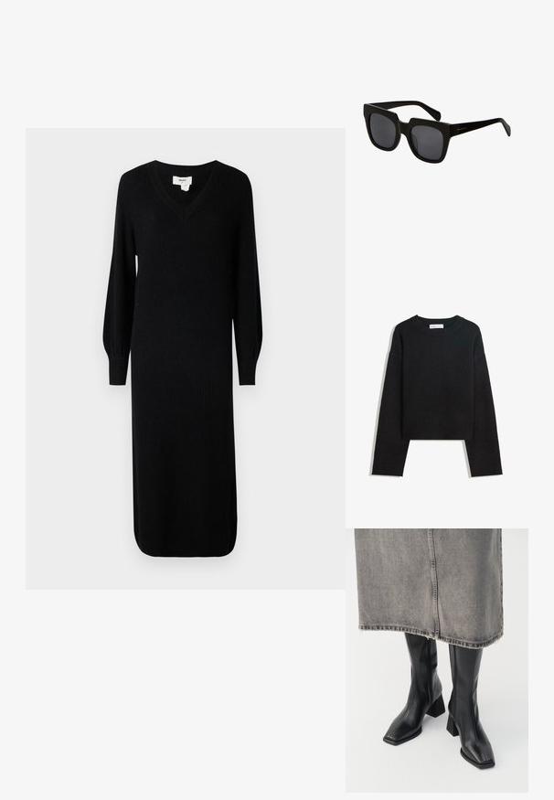 Fekete, hosszú ujjú kötött pulóver, kerek nyakkivágással, ribbölt mandzsettákkal és aljjal, valamint rövidített hosszal.; Fekete, bordázott kötött ruha V-nyakkivágással és hosszú puffos ujjal, közepes hosszúságú szabással és oldalsó részekkel a mozgás könnyítése érdekében.; Fekete, térdig érő csizmák sima bőrből, négyzet alakú orral és tömbsarkúval. Szürke farmer szoknyával viselve, amelynek az alja meg van sodorva.; Fekete téglalap alakú napszemüveg vastag műanyag kerettel és sötét lencsékkel. A szárak letisztultak, fényes felületűek és minimális márkázással rendelkeznek.; Fekete bőrből készült szőtt válltáska laza formával és széles vállpánttal. Jellemzője a texturált, összefonódott minta sima felülettel.