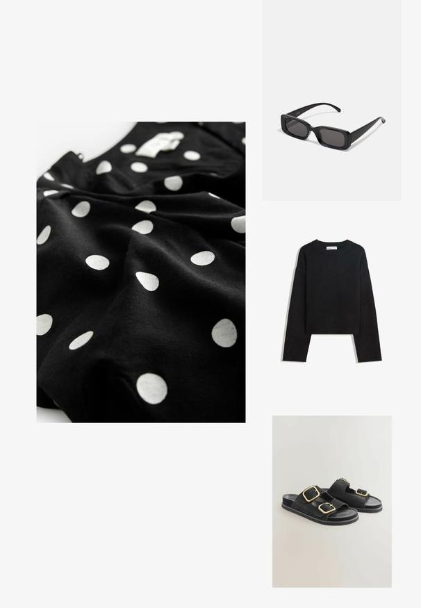 Černý pletený svetr s dlouhým rukávem, kulatým výstřihem, vroubkovanými manžetami a lemem, a zkrácenou délkou.; Next V-NECK PUFF SLEEVE MINI - Košilové šaty - black spot; Černé semišové sandály s dvěma širokými popruhy se zlatými přezkami, plochou podrážkou a otevřenou špičkou. Hladký povrch s kontrastními kovovými akcenty.; Černé obdélníkové sluneční brýle s tmavými skly, lesklým povrchem, širokými ramínky a robustním designem rámu. Vytlačený název značky na jednom ramínku.; Černá kožená tkaná taška s uvolněným tvarem a širokým ramenním popruhem. Má texturovaný, propletený design s hladkým povrchem.