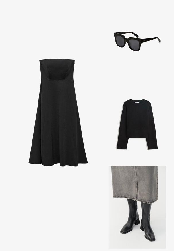 Sort langærmet strikket sweater med rund hals, ribbede manchetter og kant samt cropped længde.; Sort strampegulvsklædning uden stropper med en tætsiddende bodice og en udvidende, gulvlængde nederdel. Lavet af glat stof uden synlige mønstre eller detaljer.; Sorte knæhøje støvler i glat læder med firkantet tå og blokeret hæl. Båret med en grå denimnederdel med flosset kant.; Sorte rektangulære solbriller med tykke plastiskrammer og mørke linser. Bøjlerne er slanke med en blank finish og minimal branding.; Sort læder vævet tote taske med en slasket form og bred skulderrem. Har et tekstureret, sammenflettet design med en glat overflade.