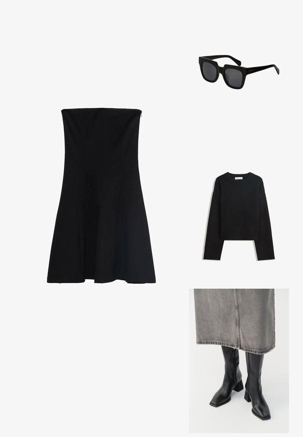 Pulover tricotat negru cu mânecă lungă, guler rotund, manșete și tivș ribetate și lungime scurtă.; Rochie neagră fără bretele, cu un corp ajustat care se lărgește la tiv. Material neted cu cusături pentru formă și un fermoar ascuns la spate.; Cizme negre până la genunchi din piele netedă, cu vârf pătrat și toc bloc. Purtate cu o fustă din denim gri, cu margine desfăcută.; Ochelari de soare negri, cu lentile rectangulare și rame groase din plastic. Brațele sunt elegante, cu un finisaj lucios și un branding minim.; Geantă de umăr din piele neagră împletită, cu o formă lejeră și un umăr lat. Prezintă un design texturat, împletit, cu o finisare netedă.