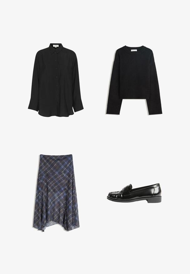 Pulover tricotat negru cu mânecă lungă, guler rotund, manșete și tivș ribetate și lungime scurtă.; Cămașă neagră cu mâneci lungi, confecționată dintr-un material ușor, cu guler ascuțit, închidere buton și manșete ușor evazate. Textură netedă.; Fustă în carouri negre cu linii albastre și maro, cu un design fluid, de lungime medie, realizată dintr-un material ușor cu o textură netedă.; Loafers din piele neagră cu finisaj lucios, având vârf rotund, detalii cusute și un toc mic cu bloc. Textură netedă și design clasic.