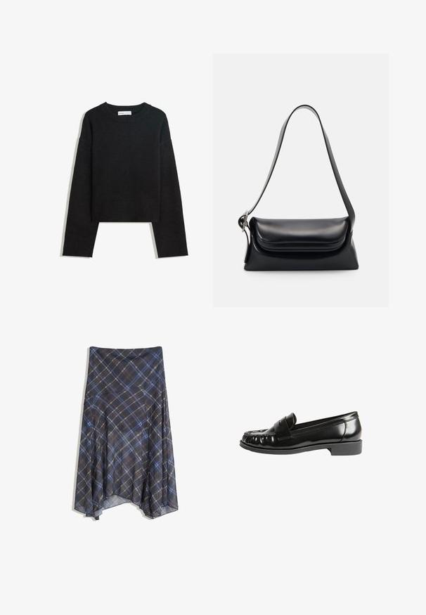 Schwarzer langärmeliger Strickpullover mit Rundhalsausschnitt, gerippten Bündchen und Saum sowie verkürzter Länge.; Schwarzer Karorock mit blauen und braunen Linien, fließendes Design, knielang, aus leichtem Stoff mit glatter Textur.; Schwarze Lederloafers mit glänzender Oberfläche, runder Zehenform, gestickten Details und niedrigem Blockabsatz. Glatte Textur und klassisches Design.; Schwarze Lederhandtasche mit strukturiertem Design, glatter Textur und einem einzelnen Schulterriemen. Verfügt über ein dezentes, abgerundetes Klappendesign.