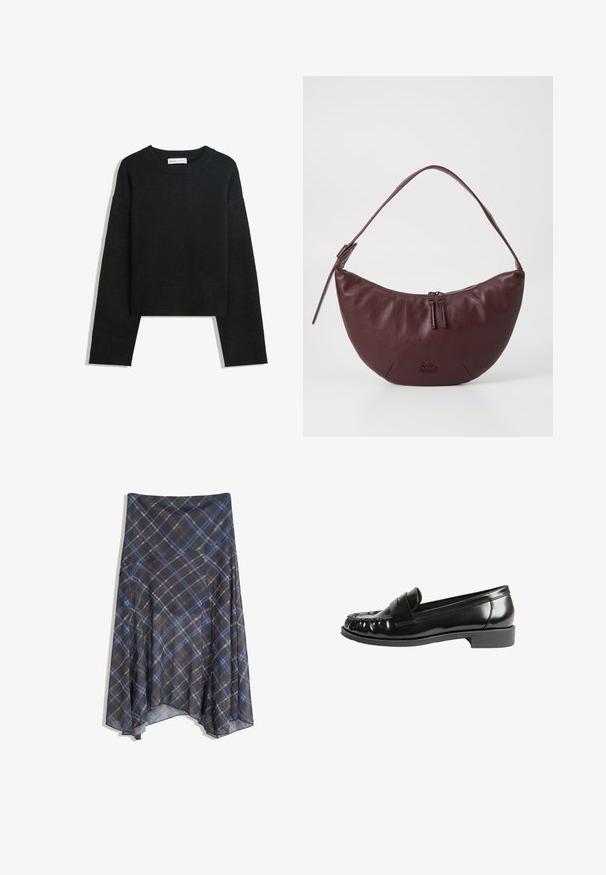 Sort langærmet strikket sweater med rund hals, ribbede manchetter og kant samt cropped længde.; Sort ternet nederdel med blå og brune linjer, flydende design, midt-længde, lavet af letvægtsstof med en glat tekstur.; Sorte læder loafers med en blank finish, der har en rund tå, stikninger og en lav blokhæl. Glat tekstur og klassisk design.; Mørkerød lædertaske med en buet design, der har en lynlåslukning, to lynlåsskuffer og et kort skulderrem. Detaljer inkluderer præget logo.