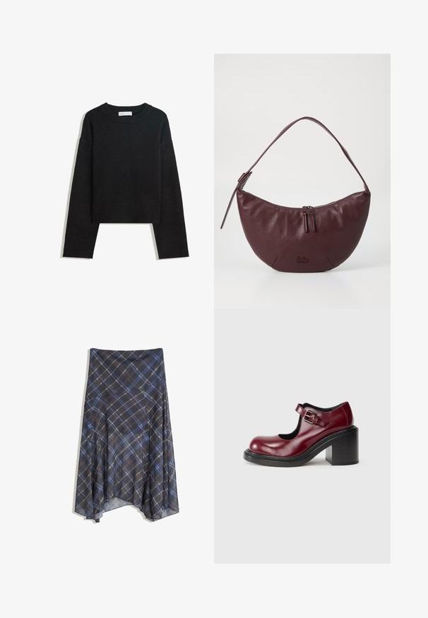 Czarny sweter z długim rękawem, dzianinowy, z okrągłym dekoltem, ribbowymi mankietami i dolnym wykończeniem oraz skróconą długością.; Czarna spódnica w kratę z niebieskimi i brązowymi liniami, o zwiewnym fasonie, midi długości, wykonana z lekkiego materiału o gładkiej fakturze.; Burgundowa skórzana półbuty Mary Jane z zaokrąglonym czubkiem, regulowanym zapięciem oraz masywnym czarnym obcasem, charakteryzujące się gładką, błyszczącą fakturą.; Bordowa skórzana torebka o zaokrąglonym kształcie, z zamkiem błyskawicznym, dwoma suwakami i krótkim paskiem na ramię. Szczegóły obejmują wytłoczone logo.