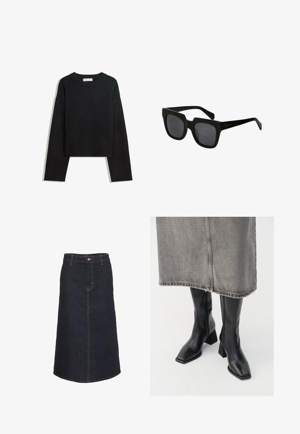 Zwarte lange mouwen gebreide trui met ronde halslijn, geribde manchetten en zoom, en een cropped lengte.; Donkerdenim midi-rok met een rechte silhouet, voorzien van een sluiting met knopen aan de voorkant en contrasterende gele stiksels.; Zwarte laarzen tot de knie van soepel leer met een vierkante neus en blokhak. Draag ze met een grijze denim rok met een rafelige zoom.; Zwarte rechthoekige zonnebril met dikke kunststof monturen en donkere lenzen. De pootjes zijn slank met een glanzende afwerking en minimale branding.; Zwarte leren geweven tote bag met een slouchy vorm en een brede schouderriem. Kenmerkt zich door een gestructureerd, verweven ontwerp met een gladde afwerking.