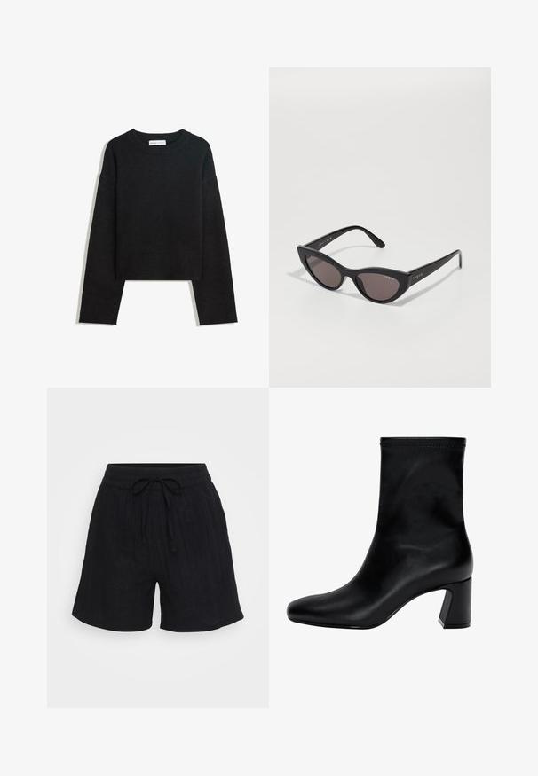 Schwarzer langärmeliger Strickpullover mit Rundhalsausschnitt, gerippten Bündchen und Saum sowie verkürzter Länge.; Schwarze Leinen-Shorts mit einem elastischen Bund, verstellbarem Kordelzug und subtiler vertikaler Textur. Bequeme Passform, mittlere Oberschenkellänge.; Schwarzer Knöchelstiefel aus glattem Leder. Mit quadrater Zehenpartie, elastischem Schaft und einem stabilen Blockabsatz. Minimalistisches Design.; Cat-Eye-Sonnenbrille mit mattem schwarzen Rahmen und dunklen Gläsern, mit "Vogue"-Branding an der Seite und einer markanten, eckigen Form.; Schwarze Leder-Tote mit glatter Textur, strukturiertem Design, zwei Griffen und einem auffälligen silbernen Schnallen-Detail auf der Vorderseite.