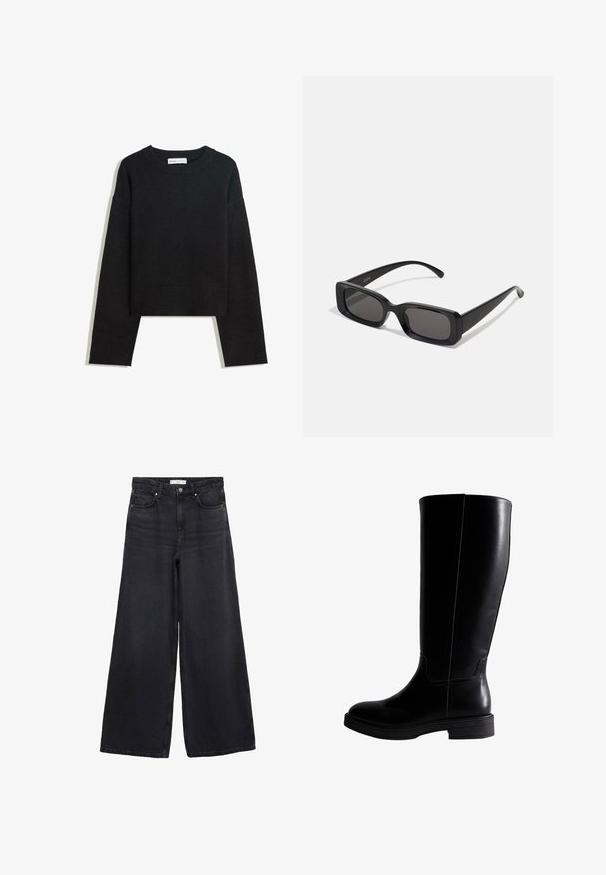 Maglione nero a maniche lunghe in maglia con colletto rotondo, polsini e orlo a costine, e lunghezza corta.; Jeans neri a gamba larga realizzati in denim, con vita alta, tasche anteriori e dettagli di cucitura classica lungo le cuciture.; Stivali neri in pelle al ginocchio con texture liscia, punta rotonda, cuciture minime e suola in gomma piatta. Design semplice ed elegante.; Occhiali da sole neri rettangolari con lenti scure, finitura lucida, aste larghe e design della montatura spessa. Nome del marchio inciso su un'asta.; Borsa a spalla in pelle nera con una texture liscia, corpo largo, tracolla sottile e chiusura a zip nella parte superiore.