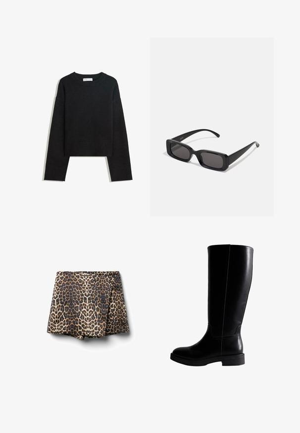 Maglione nero a maniche lunghe in maglia con colletto rotondo, polsini e orlo a costine, e lunghezza corta.; Shorts a stampa leopardata con vita aderente e design svasato. Realizzati in tessuto leggero, presentano una superficie liscia e colori vivaci.; Stivali neri in pelle al ginocchio con texture liscia, punta rotonda, cuciture minime e suola in gomma piatta. Design semplice ed elegante.; Occhiali da sole neri rettangolari con lenti scure, finitura lucida, aste larghe e design della montatura spessa. Nome del marchio inciso su un'asta.; Borsa a spalla in pelle nera con una texture liscia, corpo largo, tracolla sottile e chiusura a zip nella parte superiore.