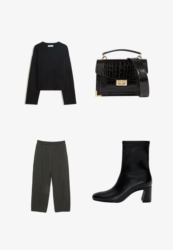 Zwarte lange mouwen gebreide trui met ronde halslijn, geribde manchetten en zoom, en een cropped lengte.; Donkergrijze, losse broeken van zacht materiaal. Kenmerken een elastische tailleband en een ontspannen, rechte snit.; Zwarte enkellaars van soepel leer. Heeft een vierkante neus, een elastische bovenkant en een chunky hak voor stabiliteit. Minimalistisch ontwerp.; Zwarte patenten leren handtas met een krokodillenstructuur, gouden hardware, een bovenhandvat en een afneembare schouderband. Rechthoekige vorm met een klepafsluiting.