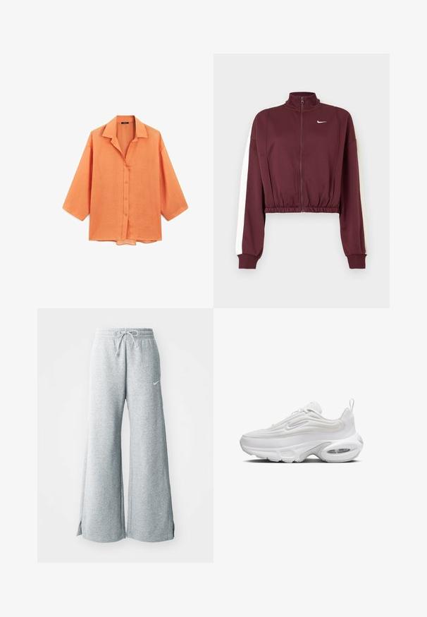 Burgunderfarbene, kurze Jacke mit hohem Kragen, vollem Reißverschluss und weißen Seitenstreifen. Hergestellt aus glattem Stoff, mit elastischem Saum und Bündchen.; Oranges Leinenhemd mit lockerer Passform, kurzen Ärmeln, geradem Saum und einem Kragen mit durchgehender Knopfleiste.; Hellgraue Sweatpants aus weichem Material, mit einem Kordelzugbund, weitem Bein und seitlichen Schlitzen. Nike-Logo dezent angezeigt.; Weißer Sneaker mit wellenförmigem Oberdesign, strukturiertem Stoff, gepolsterter Sohle und sichtbarem Luftpolster. Verfügt über eine Schnürfront und einen Zugtab.