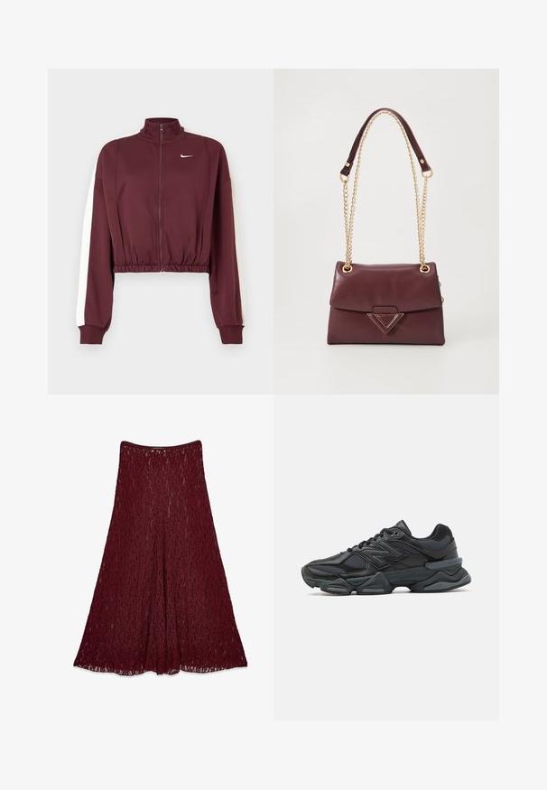 Burgundska skrajšana jakna z visokim ovratnikom, polnim zadrgo in belimi stranskimi črtami. Narejena iz gladkega materiala, s področnim in elastičnim robom ter manšetami.; Dolga bordo čipkasta krila z A-linijo in polprosojnim cvetličnim vzorcem.; Črne tekaške superge, ki združujejo mrežaste in sintetične materiale, imajo debel podplat, ukrivljen oblikovni slog ter izrazito blagovno znamko na strani.; Bordo usnjeni ročni torbici s preklopom, opremljeni z zlatim verižnim ročajem in trikotnim kovinskim dodatkom spredaj. Gladka tekstura.
