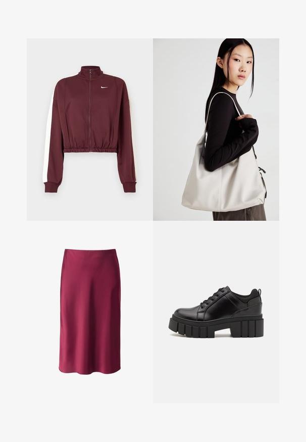 Burgunderfarbene, kurze Jacke mit hohem Kragen, vollem Reißverschluss und weißen Seitenstreifen. Hergestellt aus glattem Stoff, mit elastischem Saum und Bündchen.; Burgunderfarbener Satinrock mit glatter Textur, geradem Schnitt, mittellang und mit subtiler glänzender Oberfläche. Keine sichtbaren Muster oder Hardware-Details.; Schwarze Lederplateauschuhe mit klobigem Blockabsatz, runder Zehenpartie und traditionellem Schnürdesign. Verfügt über eine glatte Textur und minimale Details.; Beige Handtasche aus weichem Material, mit einem lässigen Design, gesteppten Details und zwei Schulterriemen. Geeignet für den täglichen Gebrauch.
