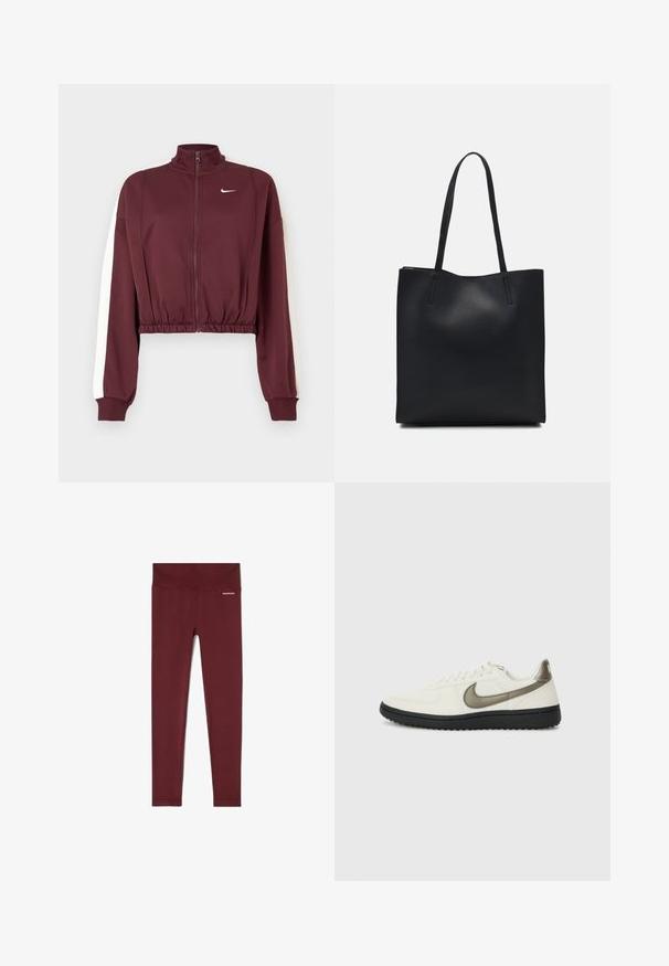Chaqueta corta burdeos con cuello alto, cierre completo y franjas laterales blancas. Fabricada en tejido suave, con dobladillo y puños elásticos.; Leggings acanalados en color burdeos con una cintura ancha, que presentan un tejido texturizado y un pequeño logotipo de la marca en la cadera para un detalle adicional.; Nike Sportswear FIELD GENERAL - Zapatillas - off-white/black; Bolso tote de cuero negro con textura lisa, forma rectangular y dos asas largas. Sin herrajes ni adornos visibles.