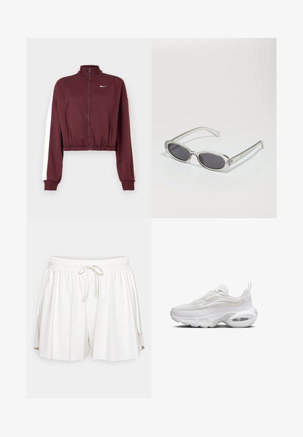Burgundy cropped jacket with a high collar, full zipper, and white side stripes. Made of smooth fabric, featuring elastic hem and cuffs.; White cotton shorts with an elastic waistband, drawstring closure, and side slits for movement. Smooth texture and relaxed fit.; White sneaker with a wavy upper design, textured fabric, cushioned sole, and visible air unit. Features lace-up front and pull tab.; Sunglasses with an oval shape, clear plastic frame, dark gray lenses, and thin transparent arms featuring logo accents and minimal detailing.; Beige handbag made of soft material, featuring a slouchy design, stitched detailing, and two shoulder straps. Suitable for everyday use.