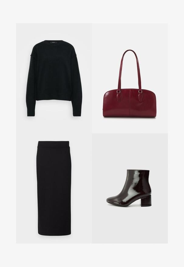Fekete kötött pulóver kerek nyakkivágással, esővállakkal és hosszú ujjakkal. Jellemzője a texturált szövet és a rövidített fazon.; Fekete, térd fölé érő szoknya, puha, rugalmas anyagból. Zökkenőmentes derékrésszel és sima textúrájú, testhezálló fazonnal rendelkezik.; Fekete lakkbőr bokacsizma hegyes orral és vastag sarokkal. Simás textúra finom fényű, letisztult vonalakkal, minimalista design.; Zign LEATHER - Kézitáska - dark red