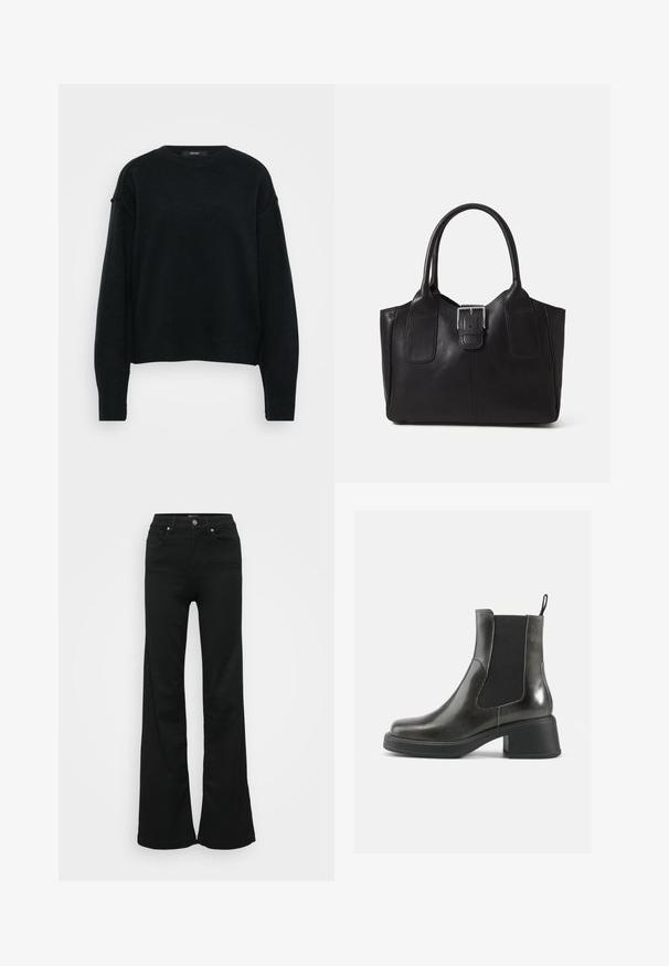 Črna pletena pulover s krožnim izrezom, spušenimi rameni in dolgimi rokavi. Ima teksturirano tkanino in skrajšan kroj.; Črne razširjene kavbojke iz denima, z visokim pasom, petimi žepi in kovinskim gumbom za zapiranje. Gladka tekstura z minimalnimi detajli.; Črne usnjene gležnjarje z gladko površino, elastičnimi stranskimi paneli in masivnim petami. Imajo praktično zanko za lažje obuvanje.; Črna usnjena torba s gladko teksturo, strukturirano obliko, dvema ročkama in izrazitim srebrnim sponko na sprednji strani.