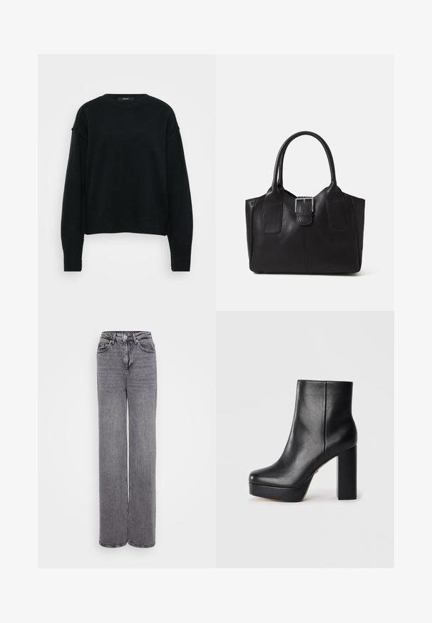 Crni pleteni pulover s okruglim izrezom, spuštenim ramenima i dugim rukavima. Ima teksturiranu tkaninu i skraćeni kroj.; Sive visok struk traperice s ravnim nogavicama, zatvaranje na gumb i munju, pet džepova i teksturiranu traper tkaninu.; Crne kožne platforme čizme do članaka s kvadratnim prstom i debelim visokim blok petama, prikazane sa strane na bijeloj pozadini.; Crna kožna torba za nošenje s glatkom teksturom, strukturiranim oblikom, dvije ručke i istaknutim srebrnim kopčanjem na prednjoj strani.