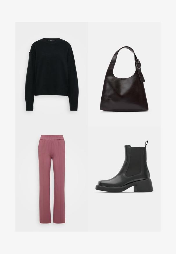 Svart strikket genser med rund hals, senkede skuldre og lange ermer. Har en teksturert stoff og en cropped passform.; Lys lilla straight-leg bukser med elastisk talje. Lavet af blødt materiale, med lodrette sømme for et skræddersyet udseende.; Sorte lær ankelsko med elastiske sidepaneler, rund tå og tykk blokkhæl. Glatt tekstur med et minimalistisk design.; Brun lærveske med en glatt tekstur, rund form, bred stropp og sirkelformet metallaccent på håndtaket.
