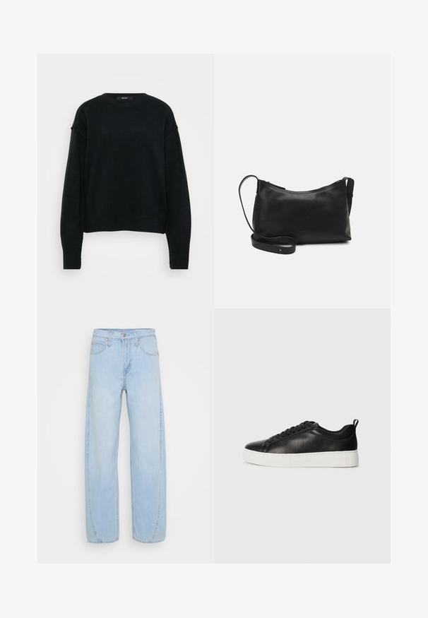 Black knitted sweater with a crew neckline, dropped shoulders, and long sleeves. Features a textured fabric and a cropped fit.; Light blue wide-leg jeans made of denim, featuring a high waist, five pockets, and contrast stitching along the seams.; Black low-top leather sneaker with black laces and white thick rubber sole, viewed from the outer side on a white background.; Black leather shoulder bag with a smooth texture, curved shape, adjustable strap, and a zip closure. Minimalist design without embellishments.
