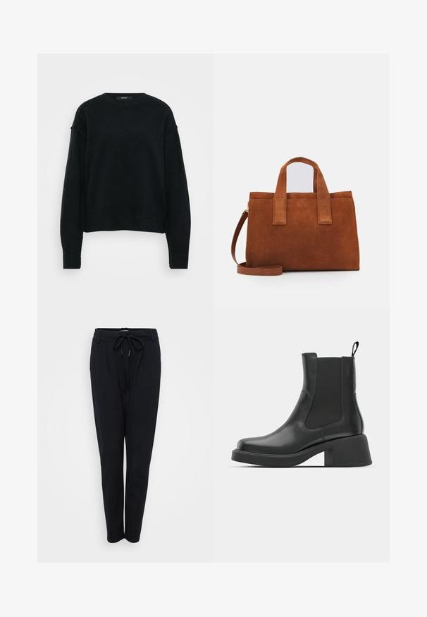 Crni pleteni pulover s okruglim izrezom, spuštenim ramenima i dugim rukavima. Ima teksturiranu tkaninu i skraćeni kroj.; Crne hlače s naborima u struku, suženih nogavica i glatke teksture. Imaju bočne džepove i čist, minimalistički dizajn.; Crne kožne gležnjače s elastičnim bočnim panelima, okruglim vrhom i debelim blok petama. Glatka tekstura s minimalističkim dizajnom.; Smeđa suknjana torba s dva gornja držača i podesivim remenom za rame. Ima strukturirani oblik i minimalistički dizajn.