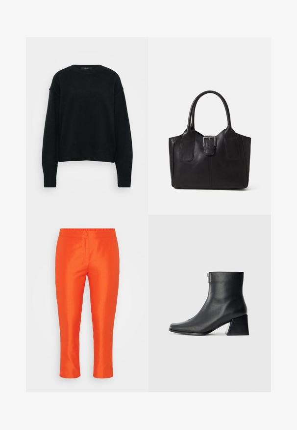 Črna pletena pulover s krožnim izrezom, spušenimi rameni in dolgimi rokavi. Ima teksturirano tkanino in skrajšan kroj.; Svetlo oranžne, oprijete hlače s elastičnim pasom, zapiranje na en gumb in gladko teksturo. Žepi niso vidni.; Črne usnjene gležnjarice s kvadratnim nosom, stranskim zadrgo in blok peto na enostavni svetli podlagi.; Črna usnjena torba s gladko teksturo, strukturirano obliko, dvema ročkama in izrazitim srebrnim sponko na sprednji strani.