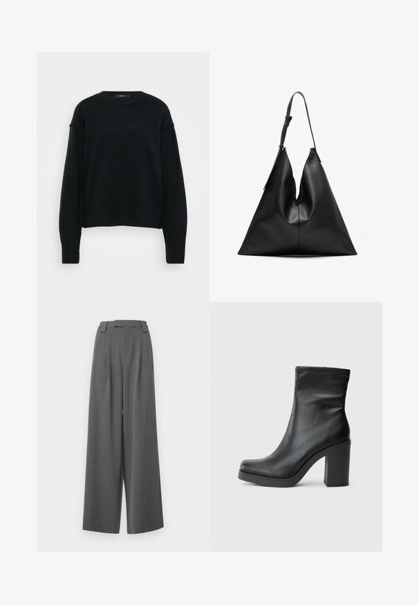 Čierny pletený sveter s okrúhlym výstrihom, spustenými ramenami a dlhými rukávmi. Má textúrovanú látku a skrátený strih.; ONLY Tall ONLSVEA PANT - Nohavice - dark grey; Čierne kožené členkové topánky s vysokým blokovým podpätkom, hladkou textúrou, priliehajúcim dizajnom a prešitým detailom na vrchu.; Čierna kožená trojuholníková kabelka s jedným nastaviteľným ramenným popruhom a mäkkou, mierne zloženou štruktúrou.