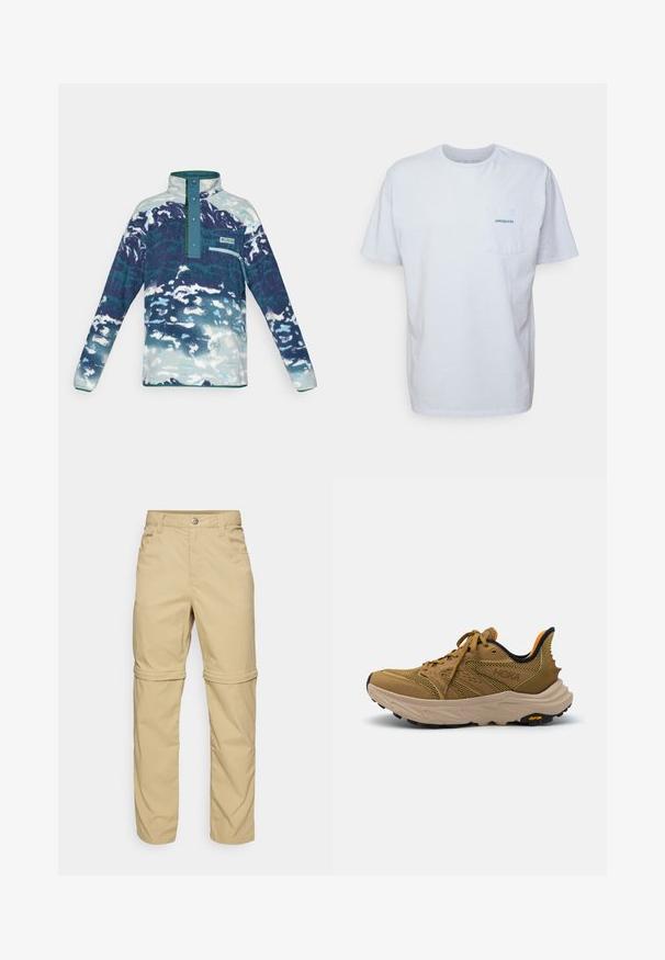 Pikae varrukatega fliispullover kõrge kaelusega, pressnuppudega, rinna-zip taskuga ja sinise-valge abstraktse mustriga.; Valge puuvillane t-särk lühikeste varrukatega, ümar kaelus ja vasakpoolne rinnatasku koos sinise "Patagonia" logoga. Klassikaline lõige, sileda tekstuuriga.; Beezhides zip-off püksid sujuva tekstuuriga, kus on kaks küljetaskut, nööbiga sulgu ja mugavust lisavad keeratavad varrukad.; HOKA ANACAPA 2 FREEDOM - Matkajalatsid - wheat/oak