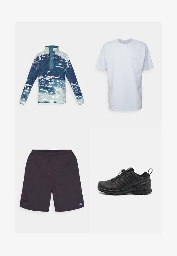 Långärmad fleece-pullover med hög krage, tryckknappar, bröstficka med dragkedja och blå-vit abstrakt mönster.; Vit bomulls t-shirt med korta ärmar, rund hals och ett vänster bröstficka med en blå "Patagonia"-logotyp. Klassisk passform med en slät textur.; Mörkgrå shorts i lättviktig tyg, med elastisk midja, sidoflikar och en liten logotagg på nedersta vänstra sidan.; Svart sportskor med en strukturerad syntetöverdel, dämpad sula och ett snabbsnörningssystem. Har förstärkt tå och hälen.