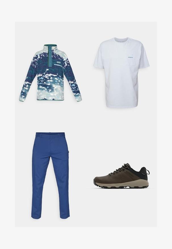 Ilgų rankovių fliso megztinis su aukšta apykakle, snap mygtukais, krūtinės užtrauktuku ir mėlynai-balta abstrakčia raštu.; Balta medvilninė marškinėliai su trumpomis rankovėmis, apvaliu kaklu ir kairėje krūtinės pusėje esančia kišenėle, turinčia mėlyną "Patagonia" logotipą. Klasikinis siluetas su lygiu paviršiumi.; Mėlynos kelnės, pagamintos iš lygaus audinio, tiesaus kirpimo, su dviem šoninėmis kišenėmis ir diržo kilpomis. Nėra matomų raštų ar plieno detalių.; Rudi nepralaidūs sportbačiai su tekstūruota viršutine dalimi, perforuotomis detalėmis, juodu kulno palaikymu ir pilku guminio padu. Šniūreliai yra dekoruoti metaliniais galais.